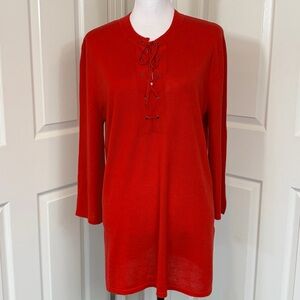 Neiman Marcus Cashmere Red Lace-up Round Neck Long Sleeve Tunic Sweater Size L